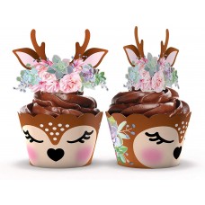 Woodland Baby Shower Cupcake Wrappers and Toppers - 24 Sets - Woodland Deer Birthday Party Decorations - Wild One Party Supplies (Woodland Deer)