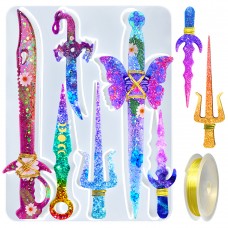 Juome Dagger Resin Mold Kit, Epoxy Sword Molds for Resin Casting with 6 Different Unique Pattern, Resin Molds Silicone for Decoration, Cosplay, Keychain - (with Golden Craft Wire)