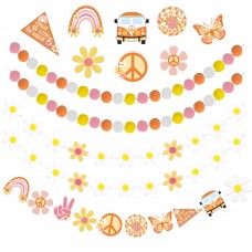 Cadeya 6 Pcs Groovy Party Daisy Felt Garland Set, 13 Feet Colorful Pom Pom Garlands with Boho Banners for Birthday, Baby Shower, Groovy Party, Retro Hippie Boho Party, Daisy Party Decorations Supplies
